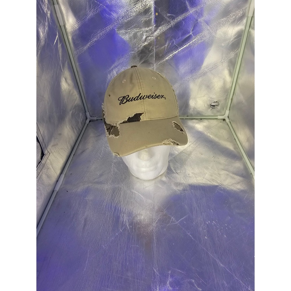 Budweiser Paramount Outdoors Camo Distressed Khaki Strapback Hat 2008 Vintage